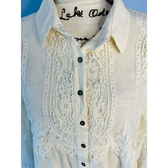Coco & Jaimeson Women’s L Lace High Low Button Down Shirt Ivory Long Sleeve - Picture 6 of 11